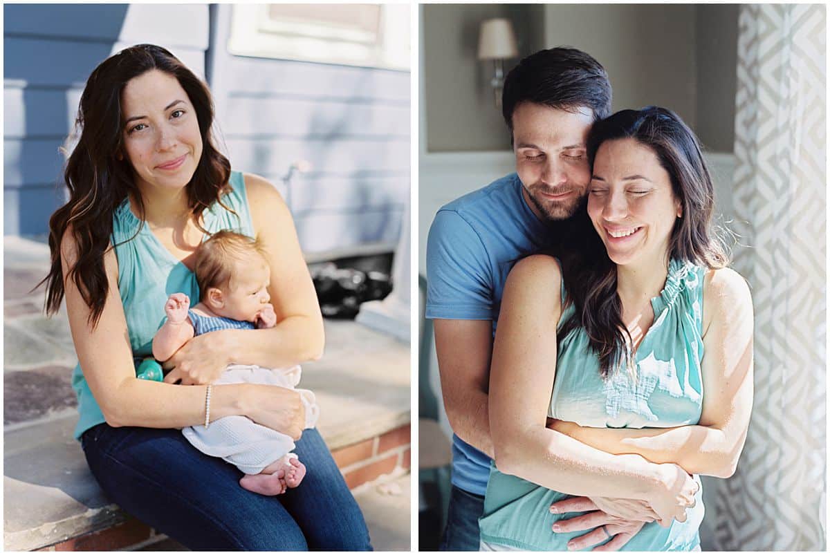 mom sitting at the porch of her NJ home and holding her new baby girl and the parents are embraced in a hug