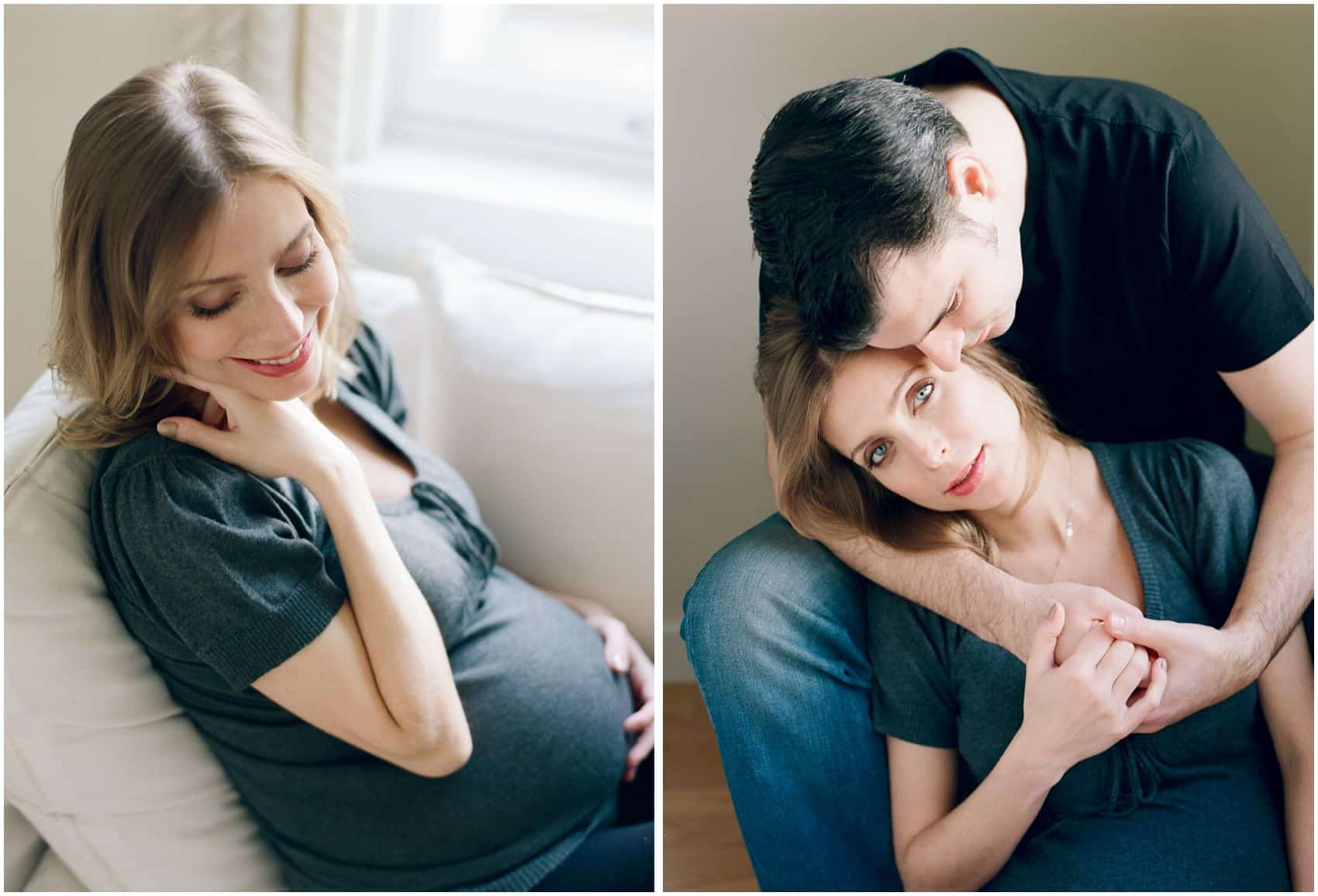 pregnant mom is smiling and cuddling with her husband at home