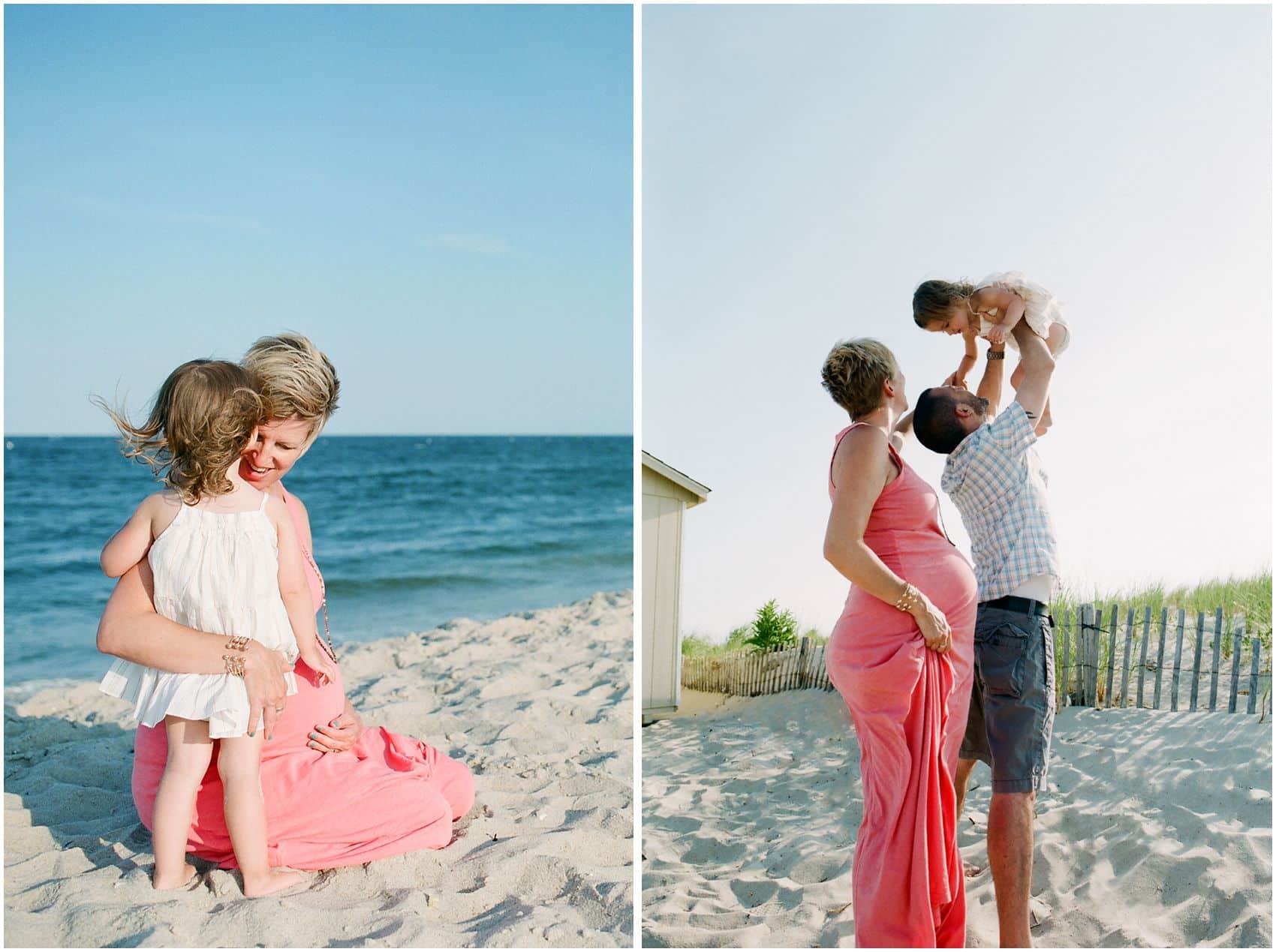 maternity photos at the beach with family and a toddler