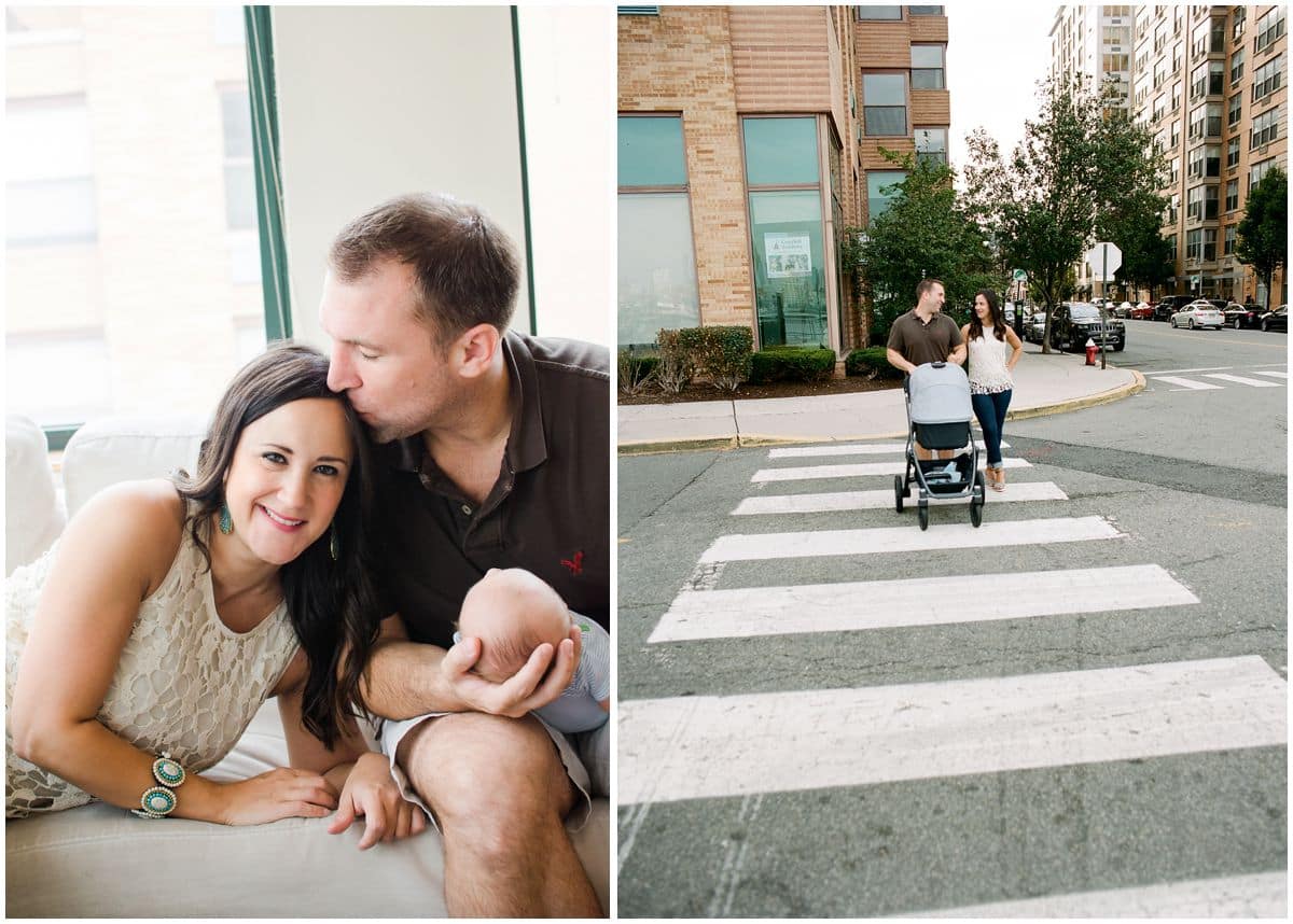 a couple sharing a kiss and crossing the crossroad with baby in the stroller in Hoboken NJ 