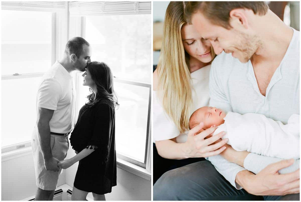 maternity photography and parents holding a newborn baby
