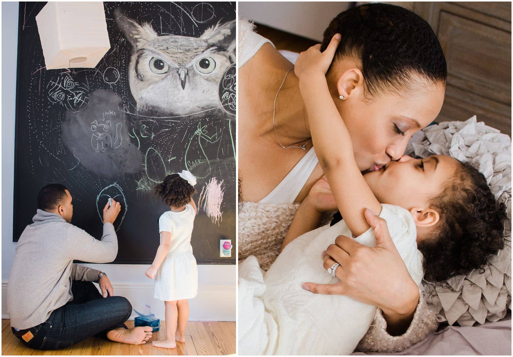 mother daugher kisses and fun with daddy during the photo session at NY home