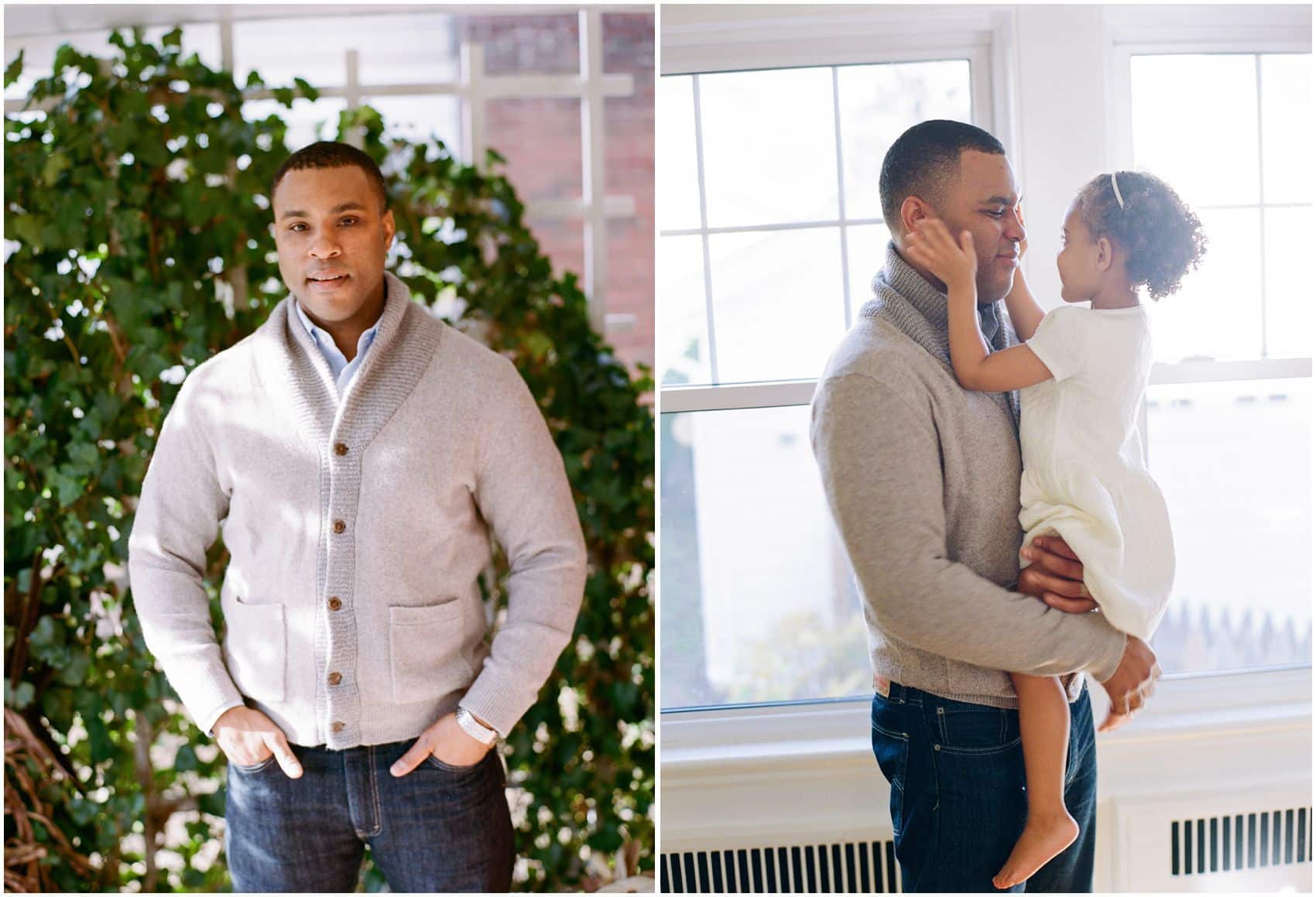 father and daughter hugging and taking photos at NY home