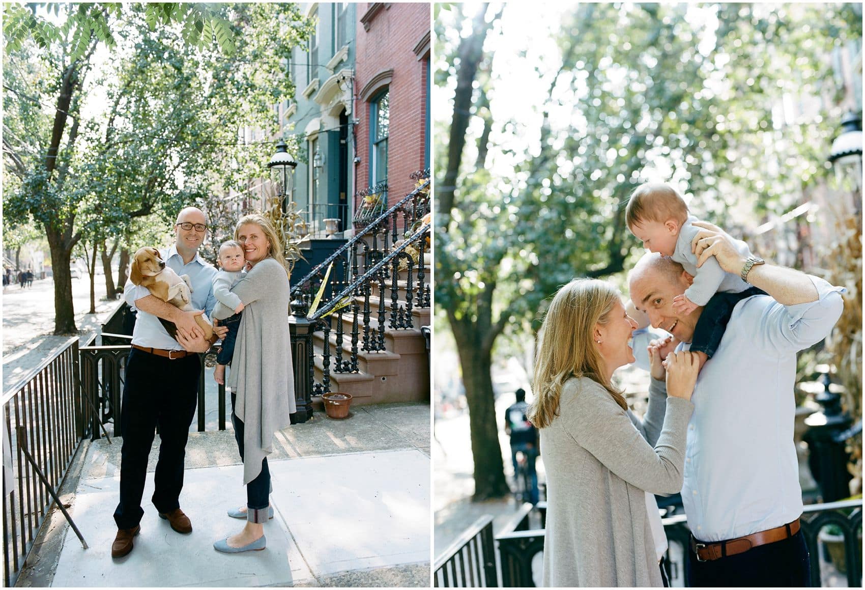 mom and dad laughing at the family portrait with the dog and the baby in NYC