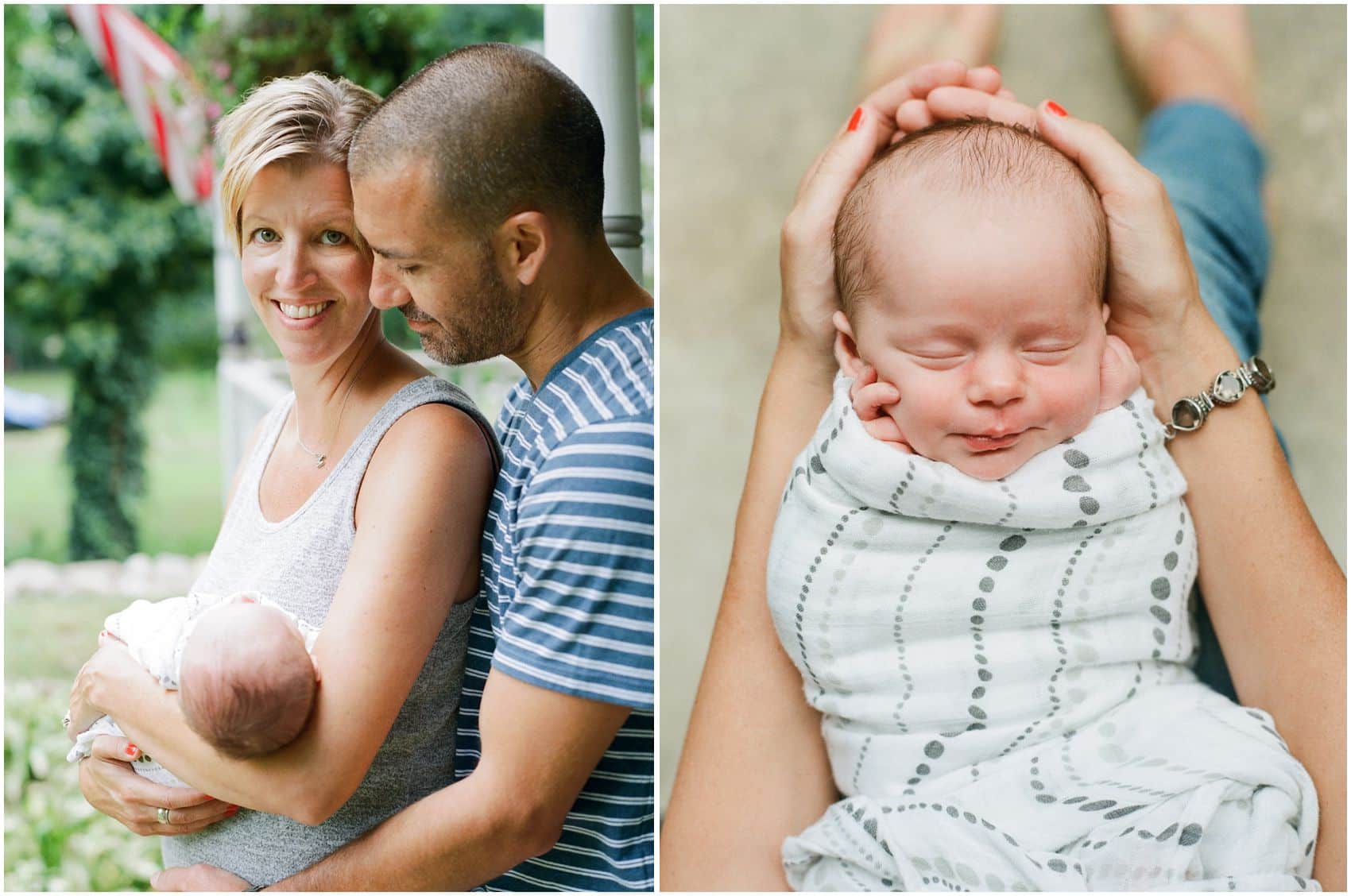mom and dad holding baby girl outside of their home