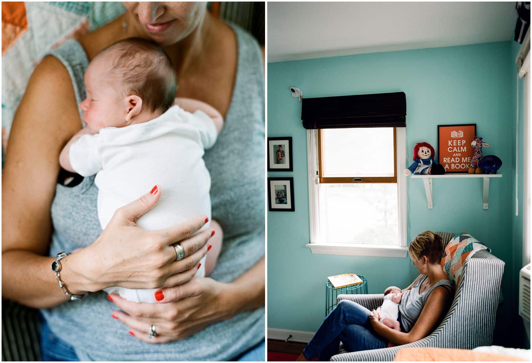 mom nursing and hugging a new baby girl at home