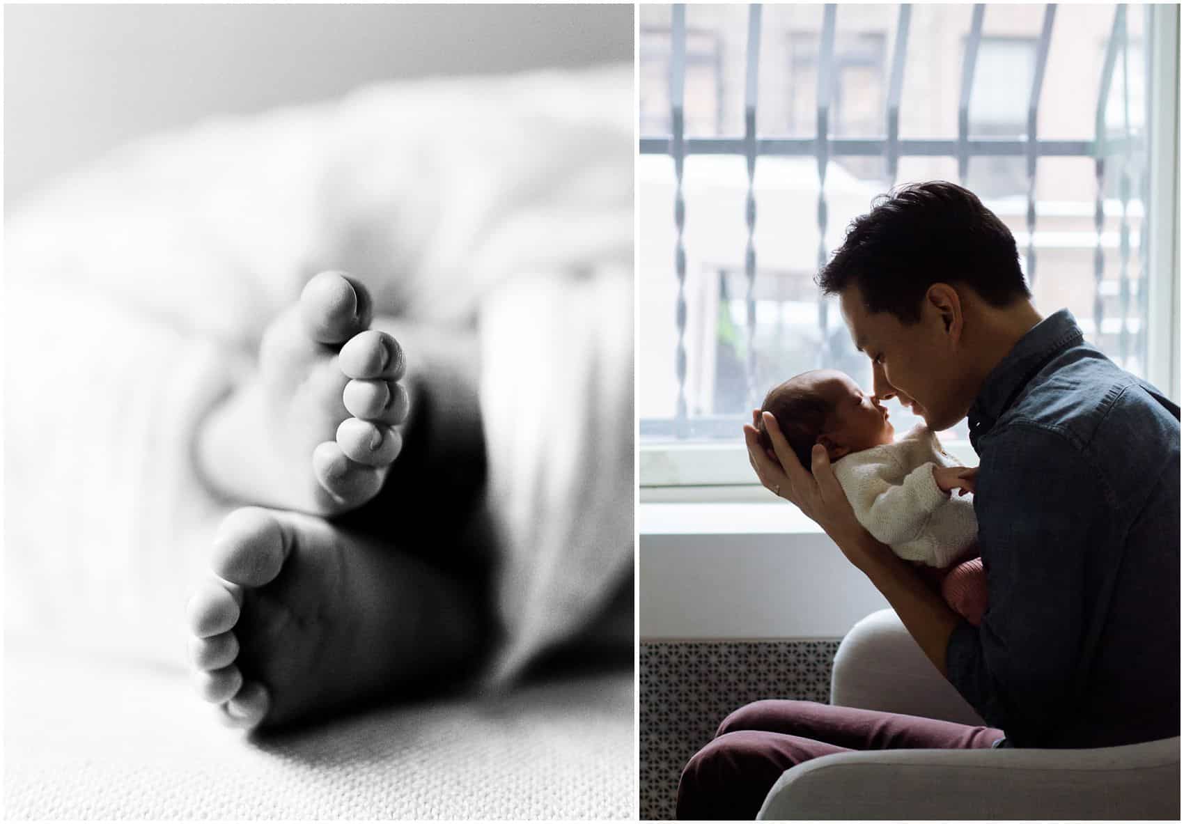 Best time to do newborn photos within 3 weeks with eskimo kiss of dad and the baby and close up of baby toes