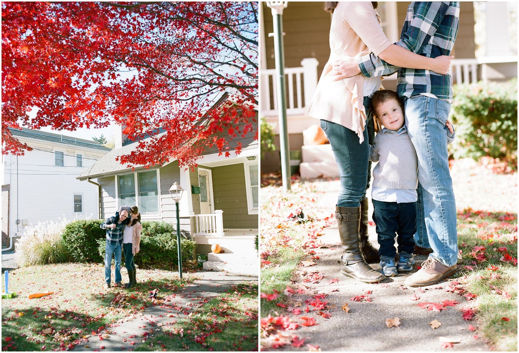 Mom and dad hugging little boy in Family photography fall season with beautiful foliage in front of the house in NYC