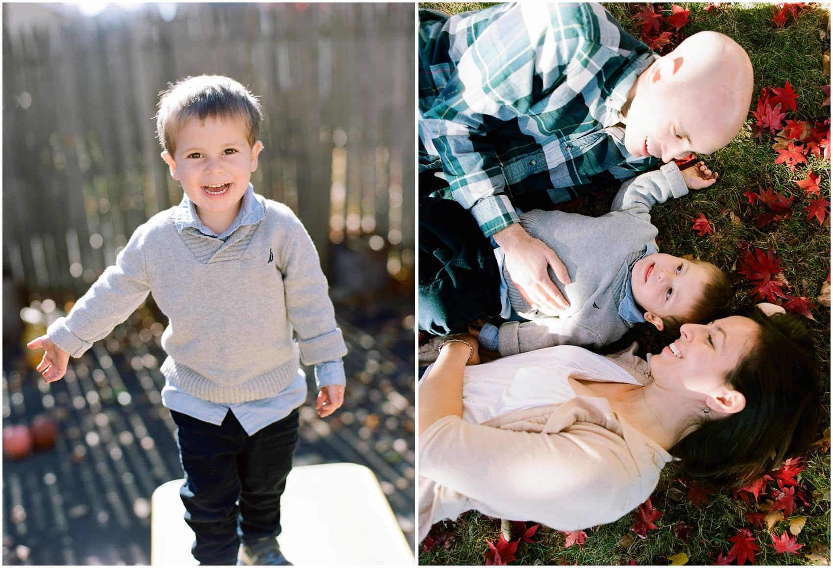fall family portraits with happy parents and little boy having fun in front of their home in New York