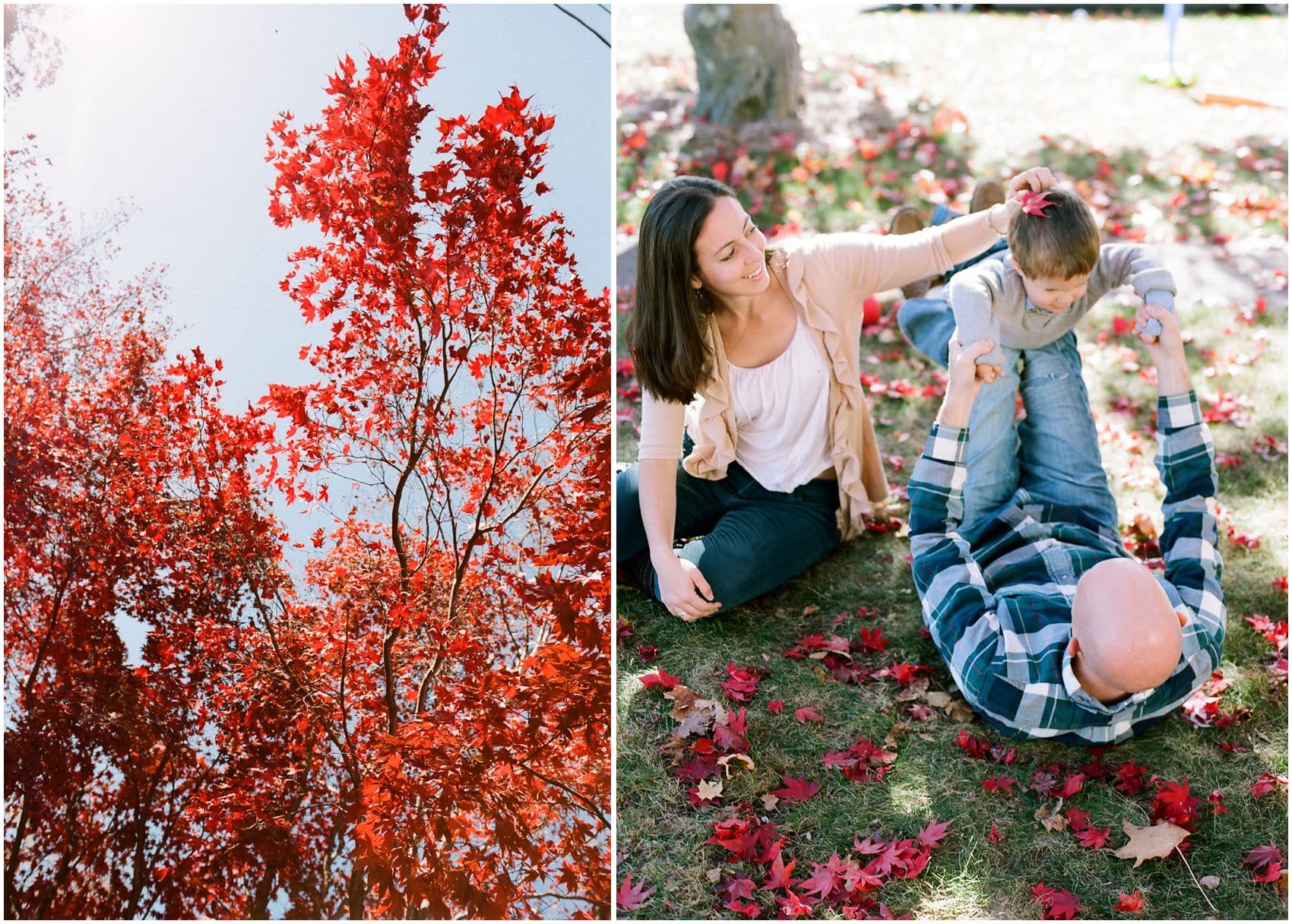 Family Photographer Miriam Dubinsky shares best location for fall family portraits with parens having fun on the ground with leaves