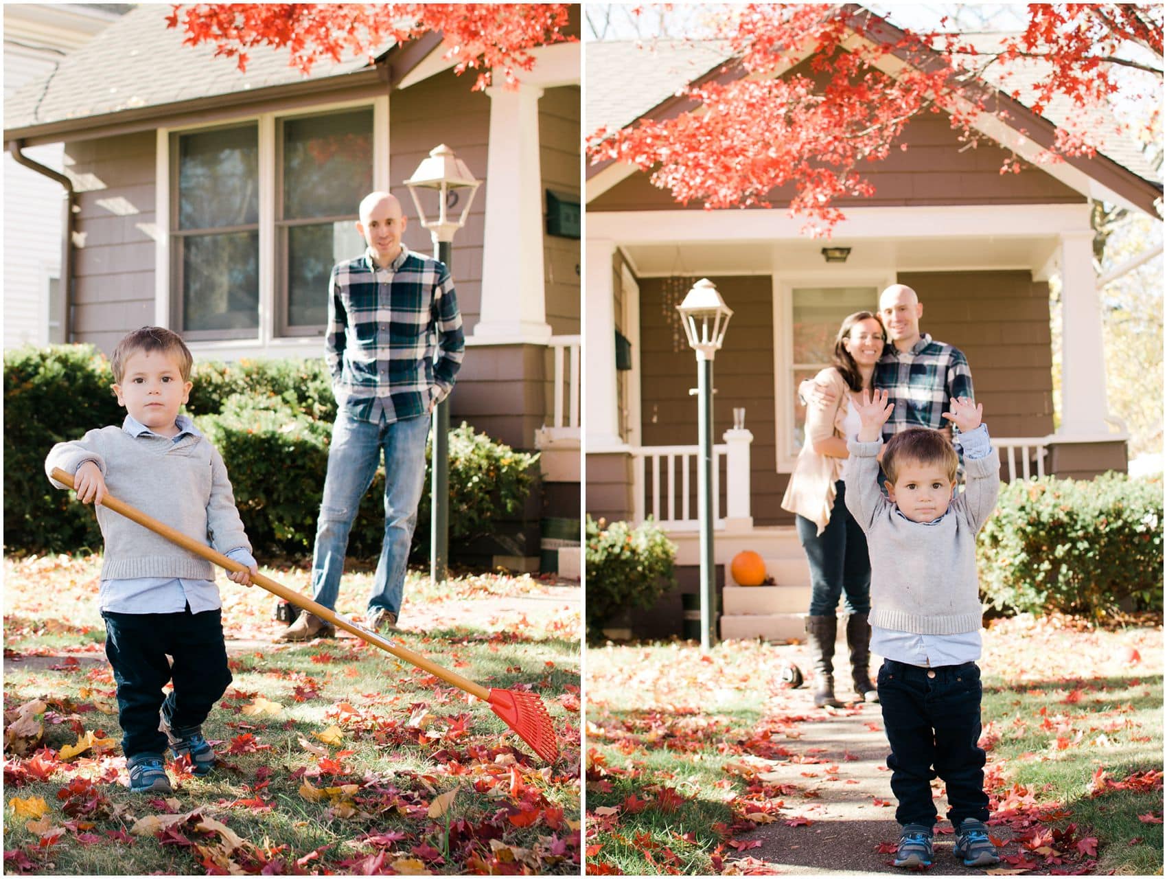 Family photographer Miriam Dubinsky shares the best place for fall family portraits with a family raking leaves and smiling