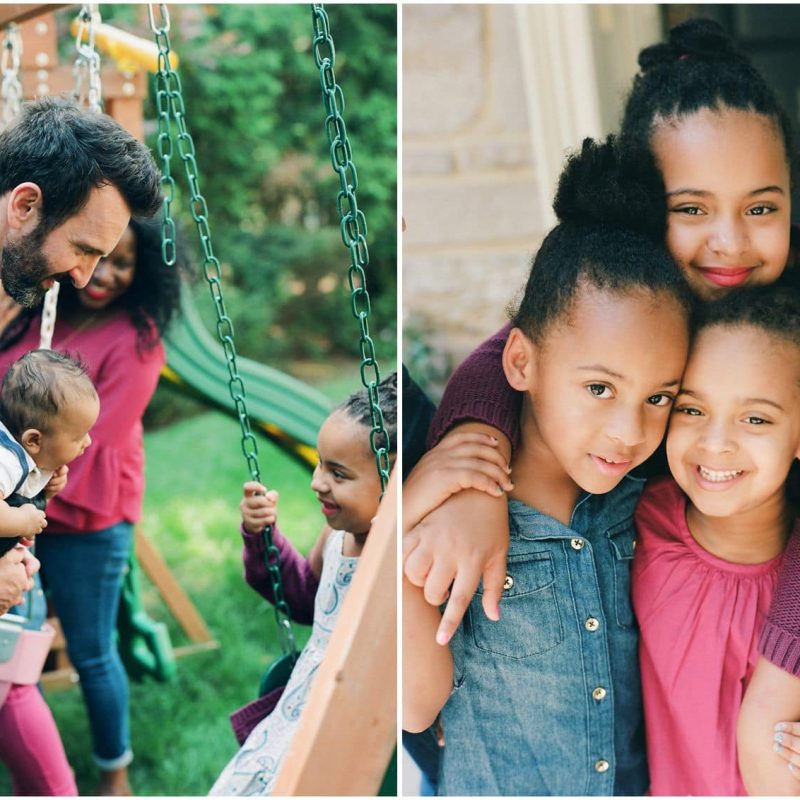 3 sisters hugging for a photo and dad is playing on swings with kids