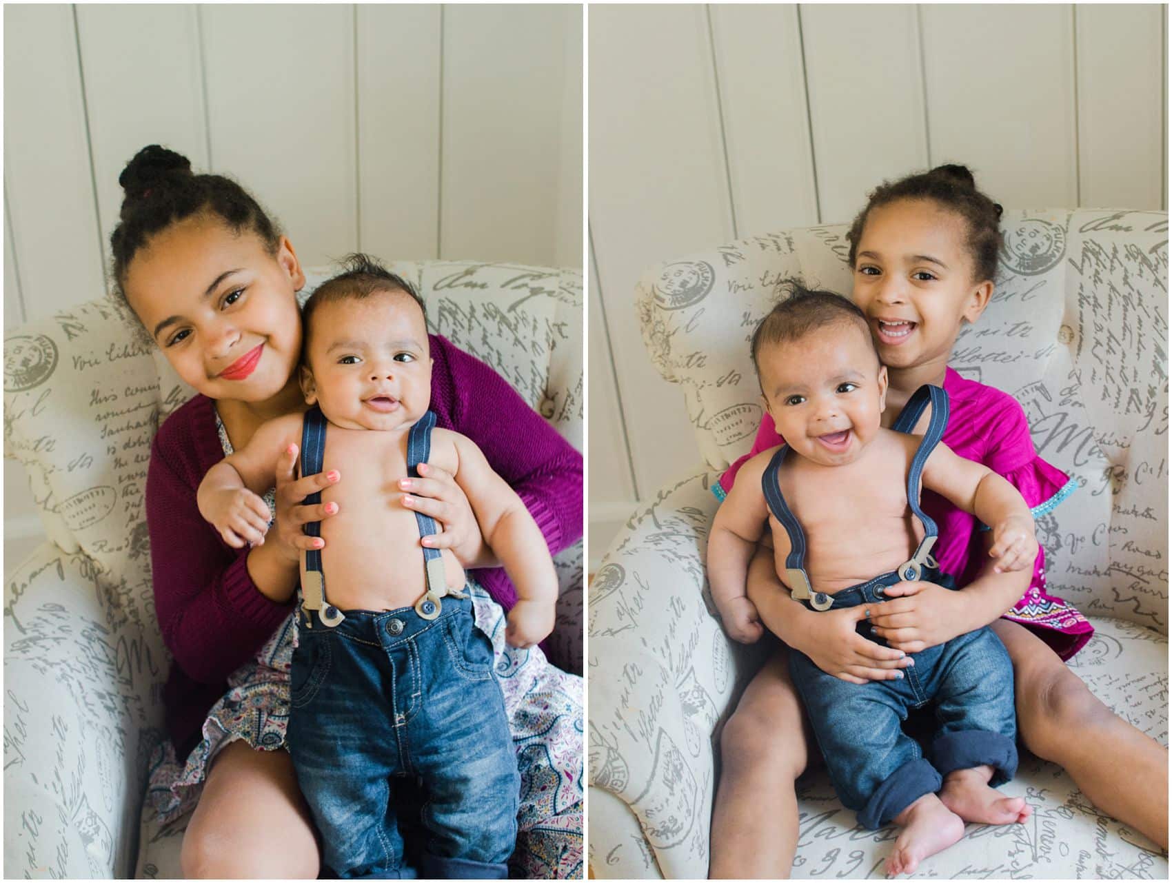 big sister and little brother smiling for family portraits at their Maplewood home 