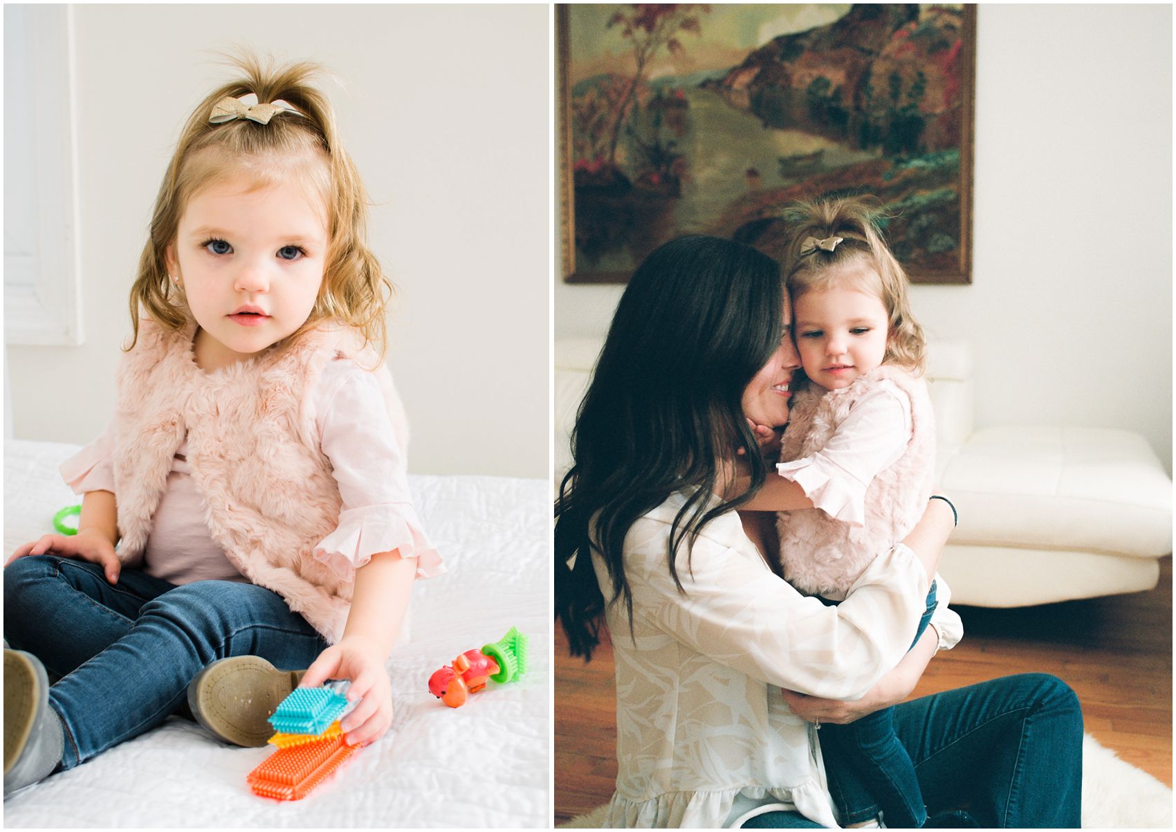 little blonde girl in jeans cuddling with mommy in family photography capturing the motherhood in NJ