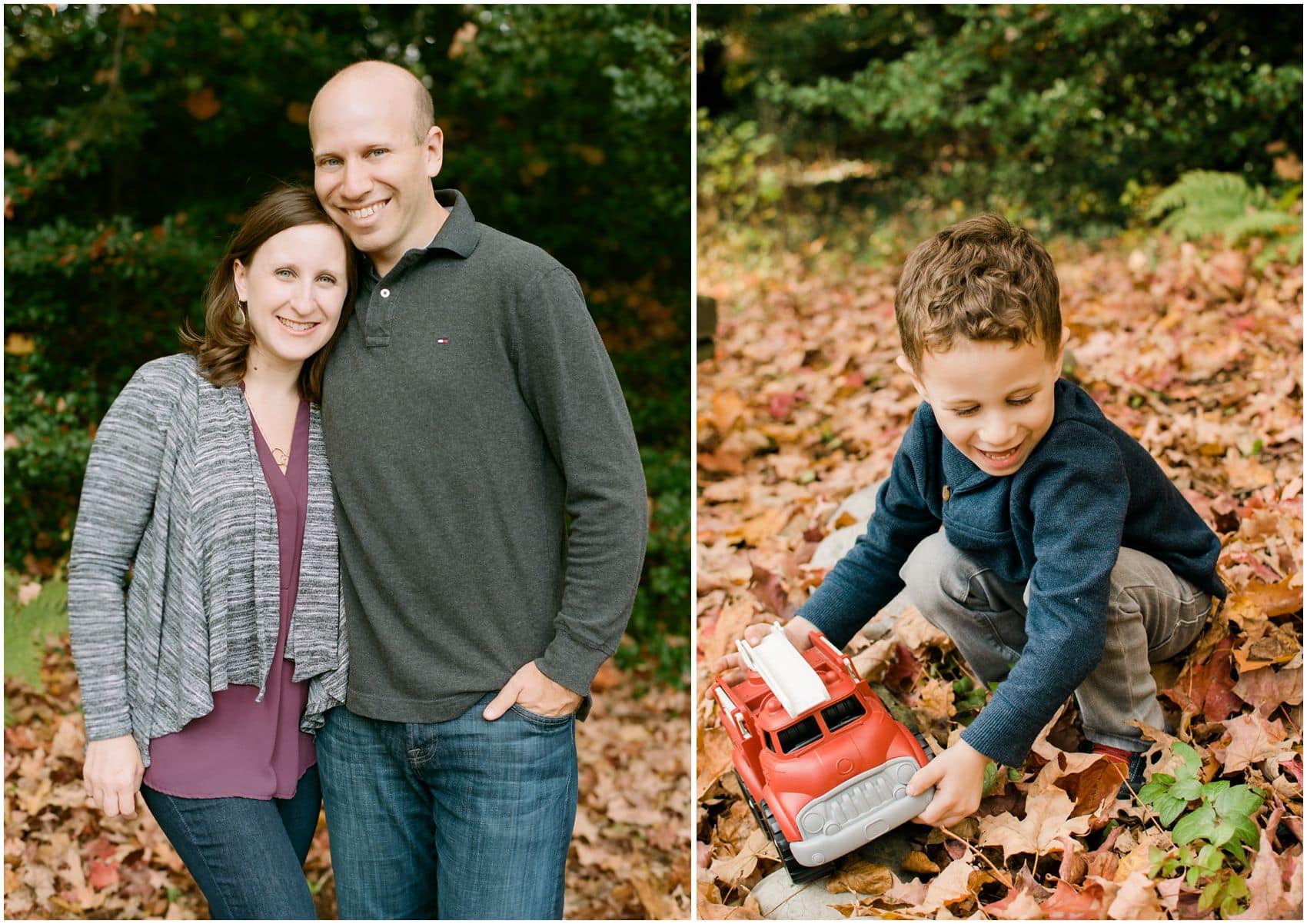 mom and dad pose for a portrait in NJ wearing maroon, grey and blue colors wile the little boy plays with firetruck