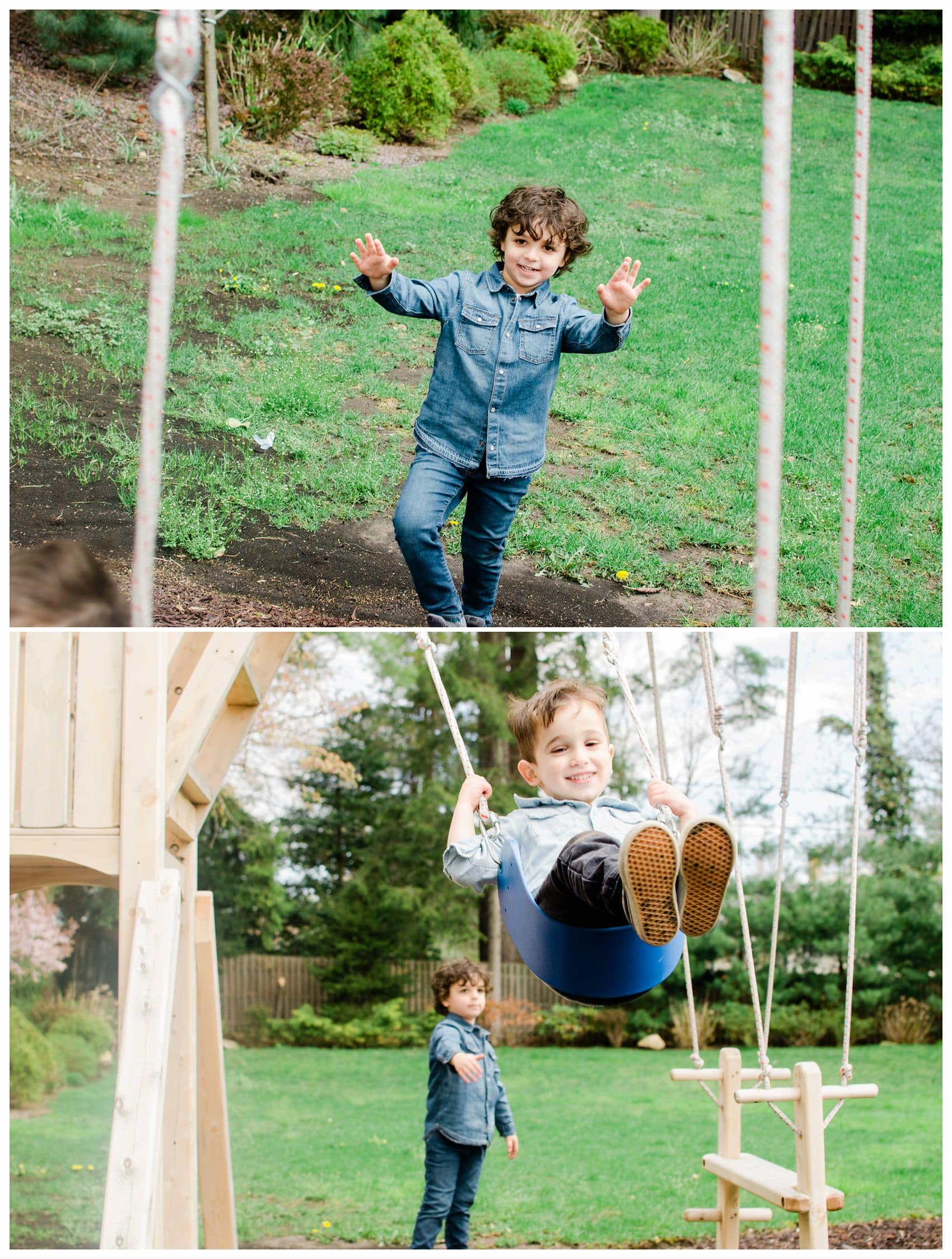 cousins and brothers are wearing denim and playing on swings in their backyard in Montclair NJ