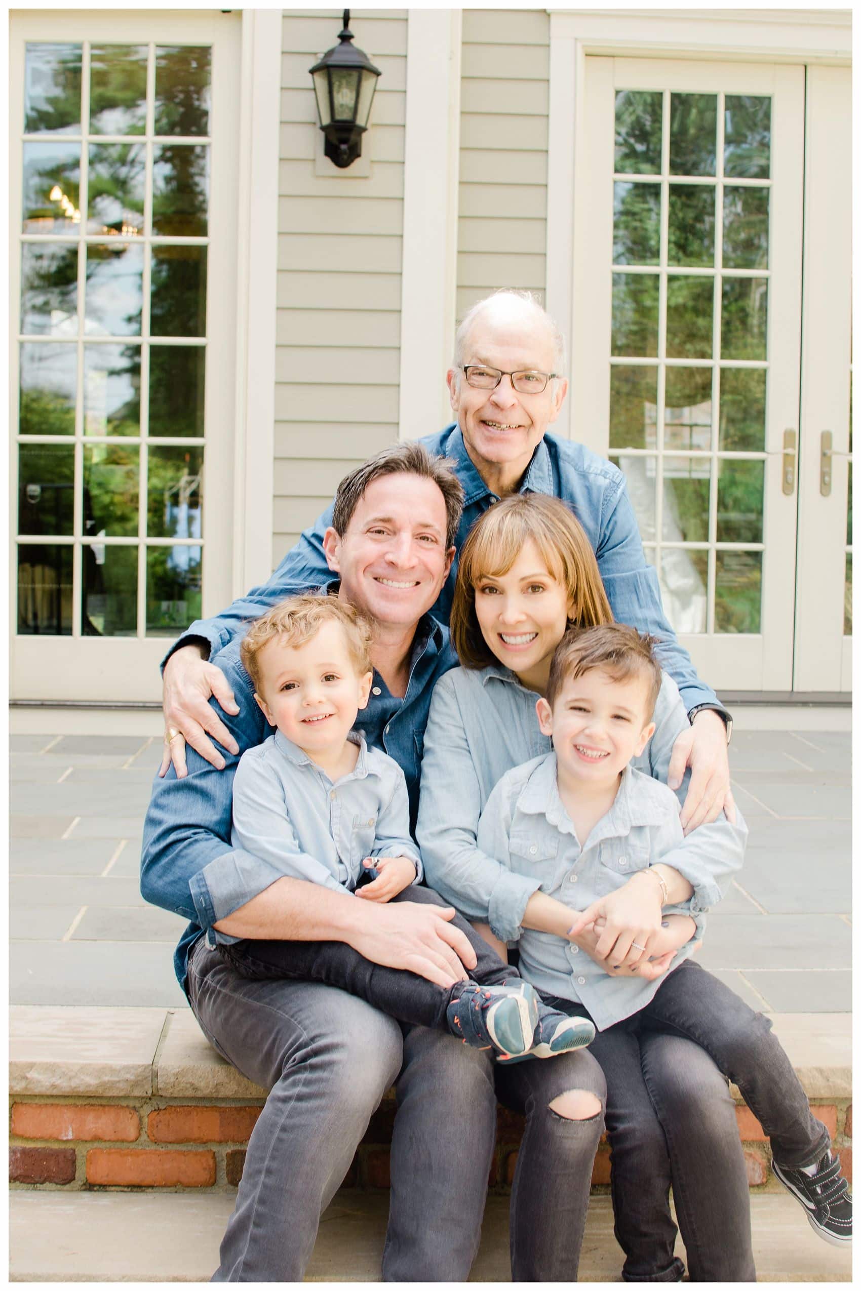 three generation extended family photo with grandfather outside the home in NJ