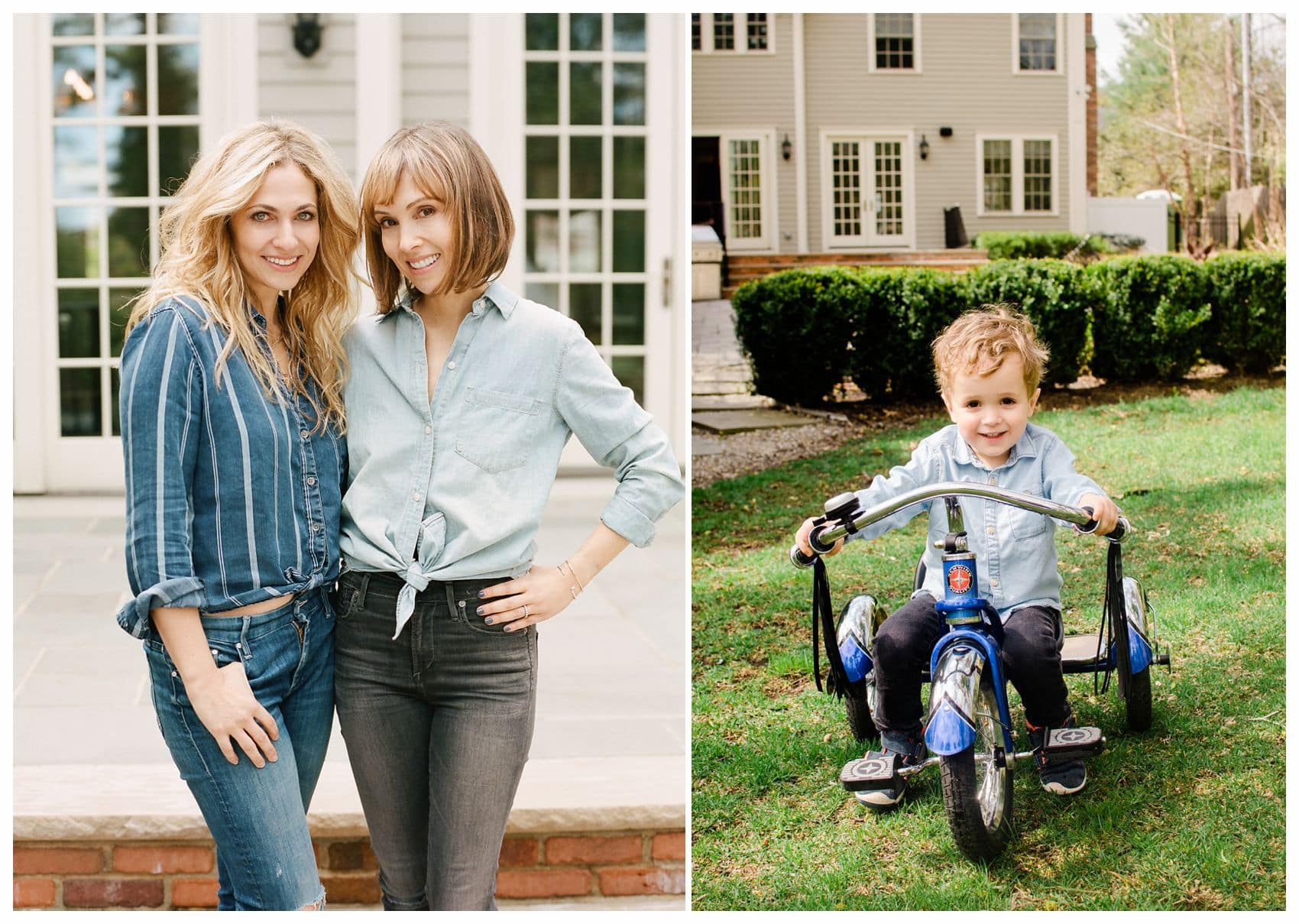 beautiful blond and brunette sisters with little boy on a tricycle posing for family portrait in NJ
