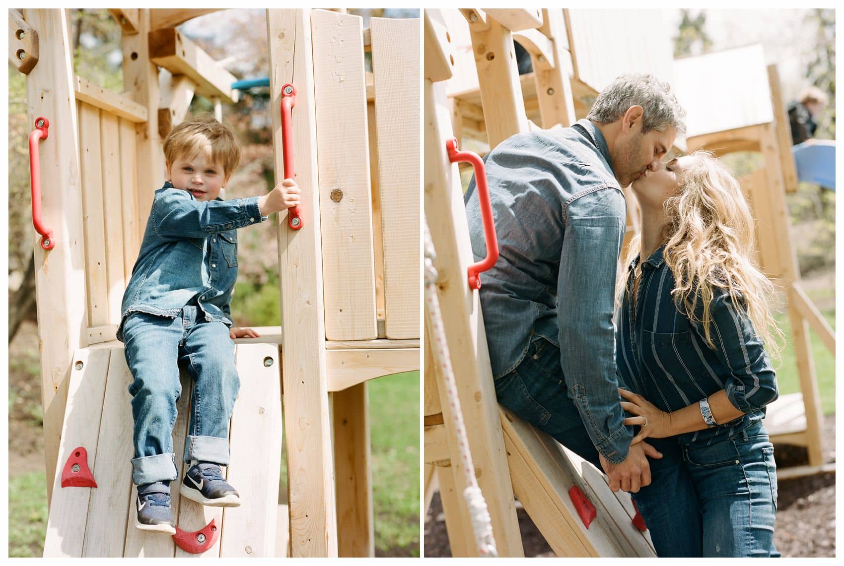 mom and dad share a passionate kiss on the playground in NJ and playing with their 2 years old little son