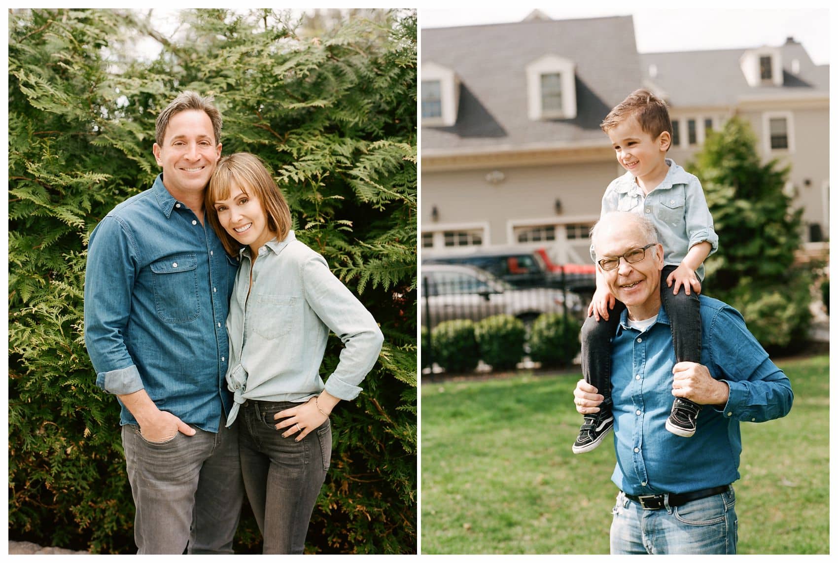 Best NYC Family Photographer Miriam Dubinsky is taking a photo of a happy grandfather is holding his cute grandson on the shoulders with mom and dad next to them in the garden