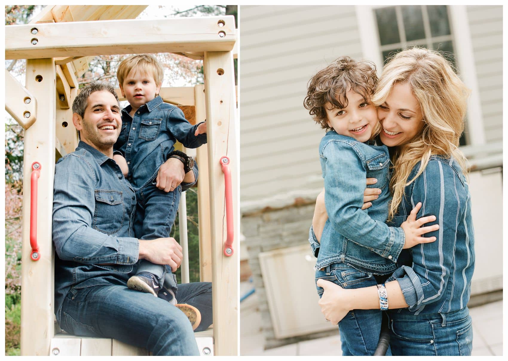 mom and dad hugging their kids outside the Montclair NJ home