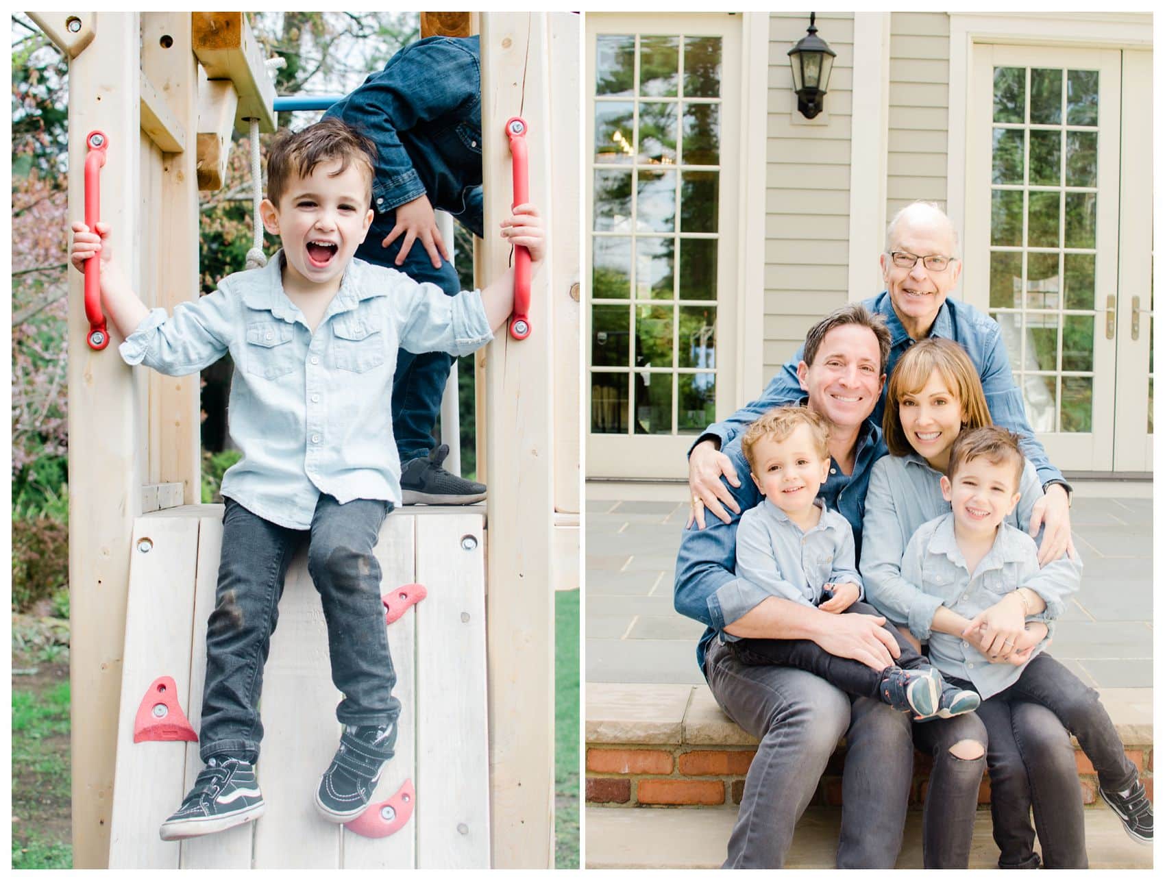 little boy having fun at the playground and family is sitting on the porch with grandfather in extended family session taken by NYC Family Photographer