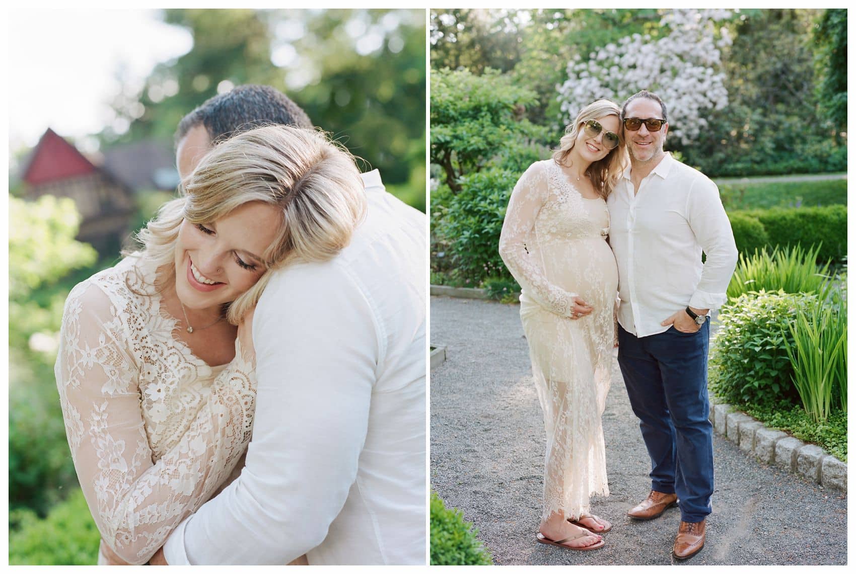 NYC skyline in background with pregnant mother in lace dress with her husband at 30 weeks