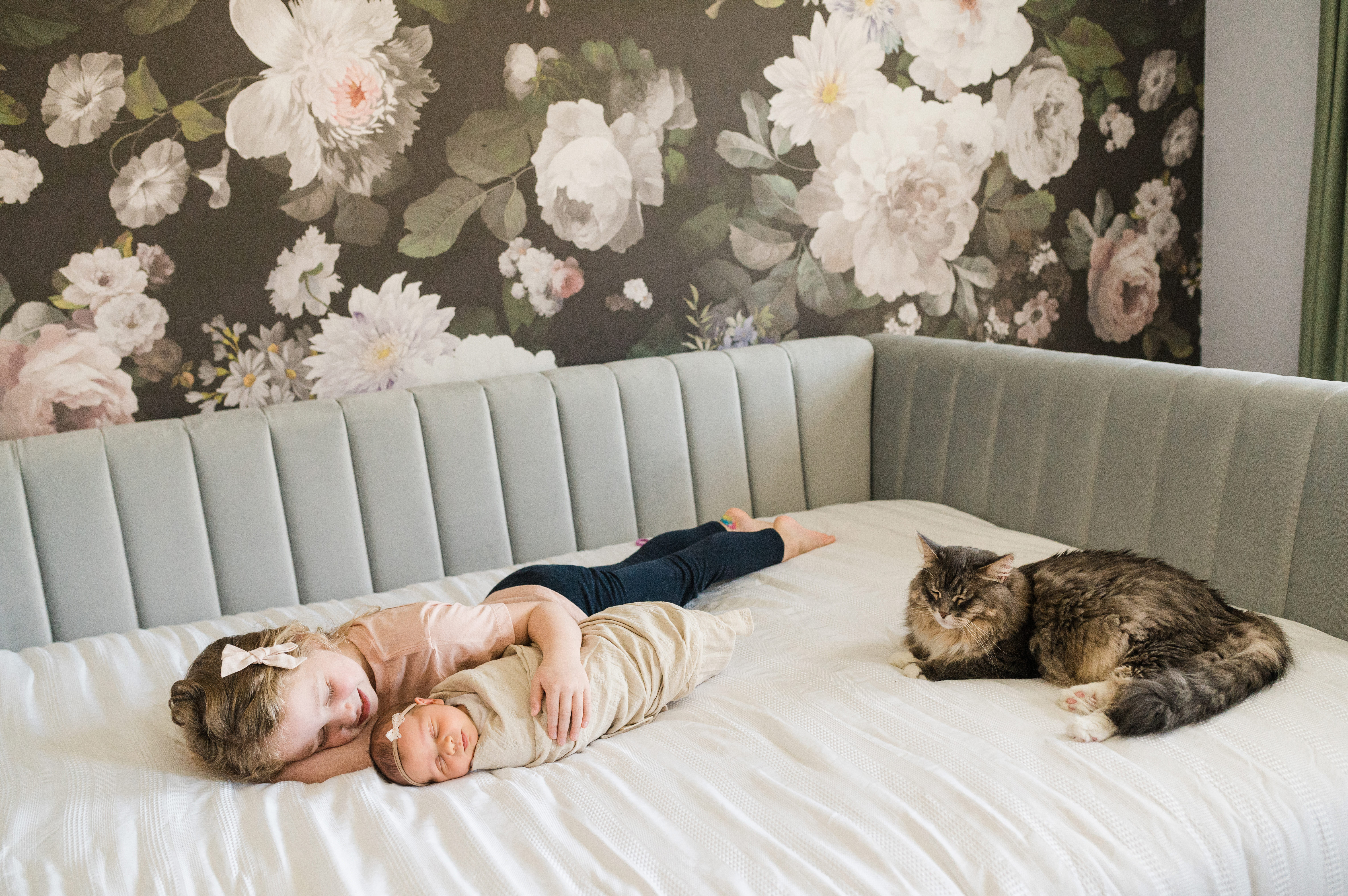 Newborn baby lying on a blanket with older sibling and a cat in NYC photo session